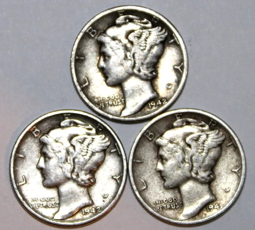 (3) Mercury Dimes - Extra Fine - 1941P 1942P 1942D - #1579ED FREE SHIPPING