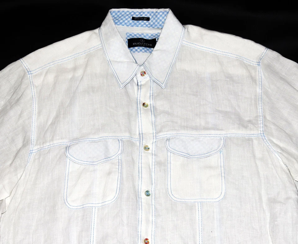 Bugatchi Uomo Classic Fit Men's Short Sleeve Button Front Linen Shirt Size XL - Image 2 of 4