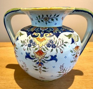 Good French Hand Painted Antique Desvres Faience Twin Handled Vase By Geo Martel
