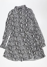 Select Damen grau Animal Print Viskose A-Linie Gr&ouml;&szlig;e 16 Kragen Knopf - G&uuml;rtel