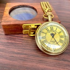 Engraved Brass Pocket Watch with Chain Wooden Box - Victorian Style