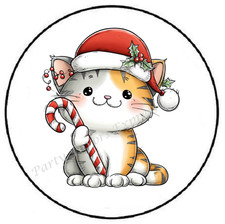 CARTOON CHRISTMAS CAT WITH CANDY CANE ENVELOPE SEALS LABELS STICKERS FAVORS