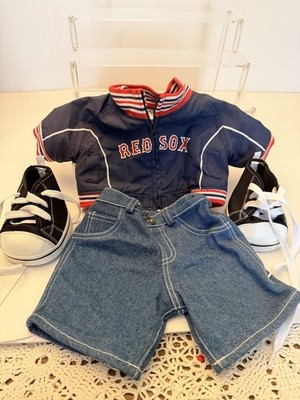 Build-A-Bear Clothing - Boston Red Sox Jacket Denim Shorts & Black Sneakers
