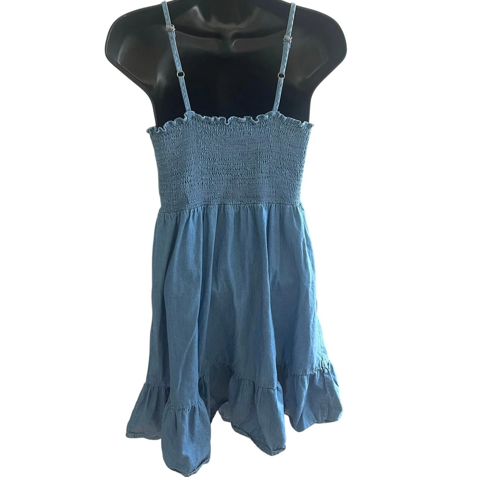 Mujeres Denim Cambray Solero Western Boho Costero Botón Frontal Volantes en Niveles S Foto 3 de 4