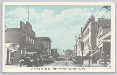 Vintage Looking West Fifth Avenue Coraopolis PA Main Street Postcard Cars Store