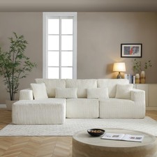 Modern 3-Piece Modular Sectional Sofa, L-Shape with Chaise, White Corduroy