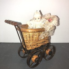 Vintage Wicker Rattan Stroller Carriage Basket With Doll
