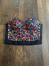 Charmian Multi-Color Rhinestone Push-Up Bustier Corset Crop Top Festival Rave M