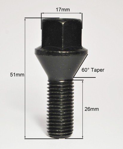 20 X M12 X 1.5, Filettatura Da 26mm, Bulloni Per Ruote Conici (Neri) - Foto 2 di 2