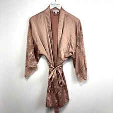 Blush Pink Satin Robe Solid Tie Front Short Lace Sleeves Casual Night Womens M