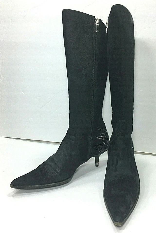 Botas de cuero Nando Muzi para mujer talla 7,5/M negras con tachuelas de piel de ciervo tacón de gatito 2" Foto 4 de 4