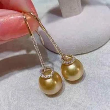gorgeous 10-11mm south sea round gold pearl dangle earring 925s