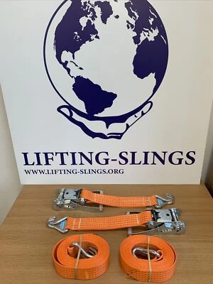 LIFTING-SLINGS 2x Heavy Duty Orange Ratchet Tie Down Straps Cargo Lashing 50mm (5000KG 3m-20m)