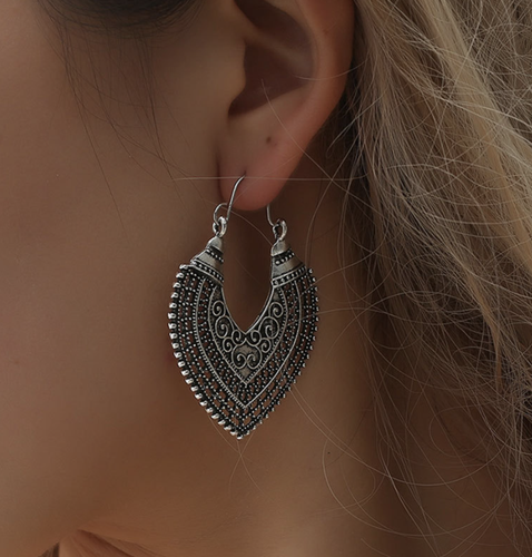 Hoop Heart Gold Boho Vintage Tibetan Flower Ornate Hoop Dangle Earrings - Picture 21 of 28