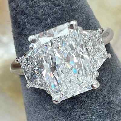 6 CT Radiant Cut Lab Created Three Stone Engagement Ring 14k White Gold Plated