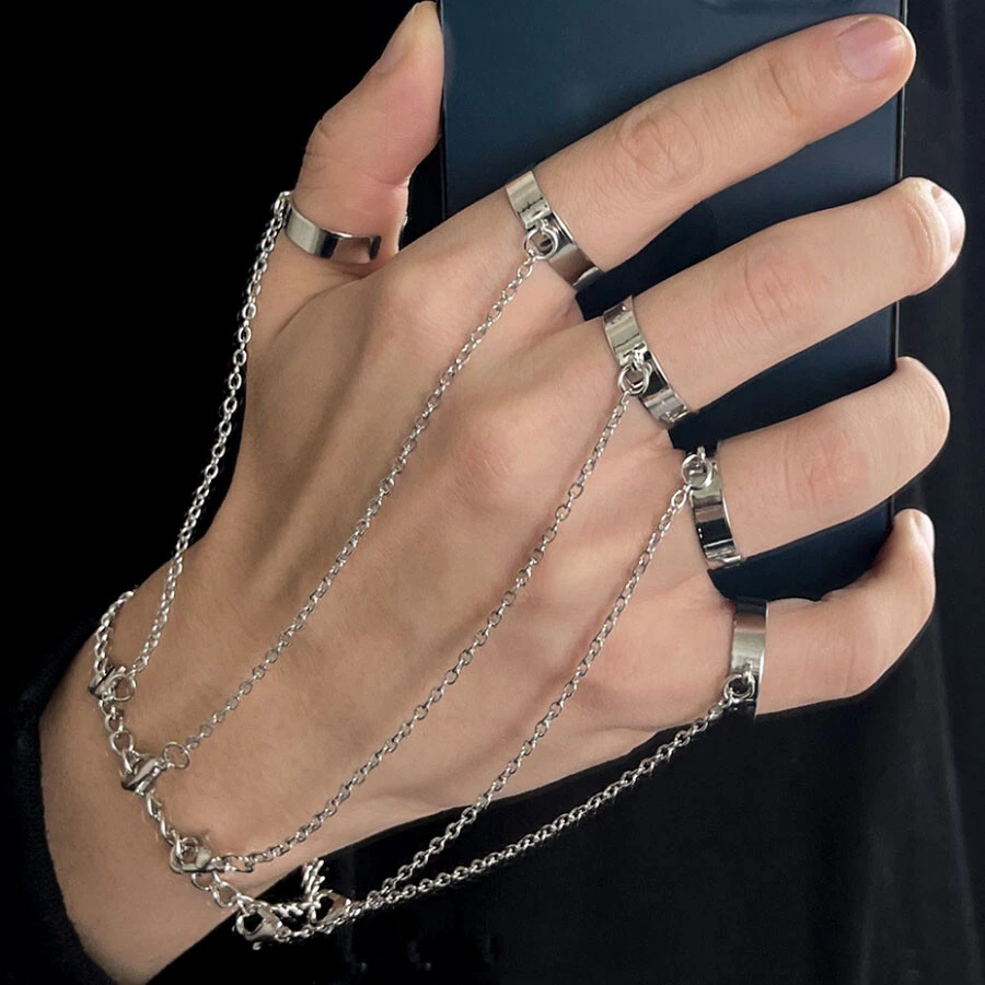 Punk Geometric Silver Plated Chain Wrist Bracelet Women Men Ring Finger  Jewelry