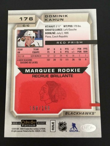 2018-19 O-Pee-Chee Platinum Red Prism 176 Marquee Rookies Dominik Kahun ed/199 - Bild 2 von 2