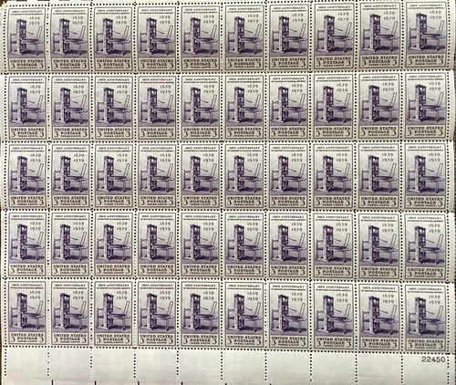 Full Sheet 3 Cent 1939 Printing Tercentenary SC#857