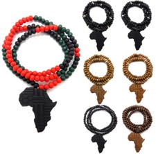 New Africa Map Small Size Pendant 5mm/30" Wooden Bead Hip Hop Chain Necklace