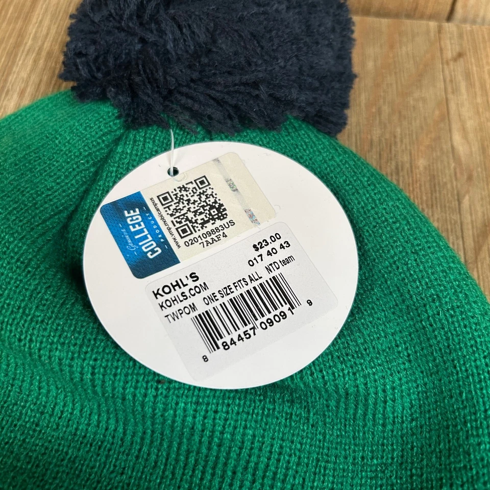 Notre Dame Irish Beanie Pom Knit Hat Cap Acrylic Green Navy Adult One Size NWT - Image 4 of 4