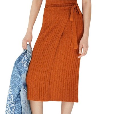 Anthropologie 2X Current Air Ribbed Knit Sweater Skirt Brown Pull On Faux Wrap