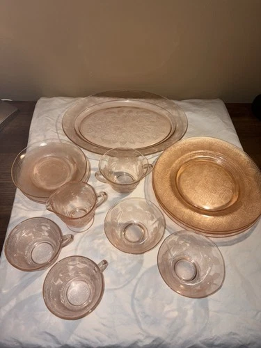 Pink Depression Glass Dinner Set – Plates, Cups, Saucers, Serving Bowl