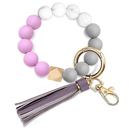 Silicone Beaded Keychain Bracelet with Card Holder in Purple