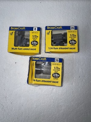 BrassCraft Shut Off Valves Lot of 3 1/2  x 3/8  Angle & Straight Damaged Boxes
