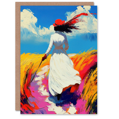 Lady Walking Through Windy Wheat Field Landscape Birthday Greeting Card