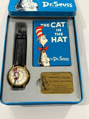 1997 The Cat in the Hat, Dr. Seuss collectible tin, mini book, plaque and watch