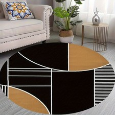 Plush Flannel Round Mat w/Geometric Black Beige Design-Anti-Slip Rubber Backi