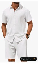 Men's 2 Piece Linen Blend Outfit Short Sleeve Button Down Shirt  Drawstring Sho