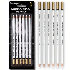 White Charcoal Pencils Drawing Set 6 PCS Soft Medium for Sketching Blending