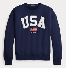 NWT Polo Ralph Lauren Navy Blue Embroidered USA FLAG Fleece Crewneck Sweatshirt