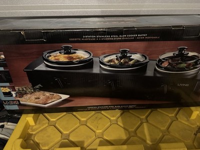 Living by Nostalgia 3-Station Stainless Steel Slow Cooker Buffet Black Silver