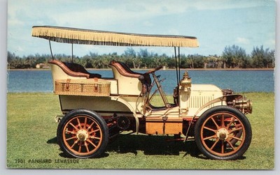 1901 Panhard LeVassor Auto Canopy Gold Lights Bamboo Side Basket Postcard AK4