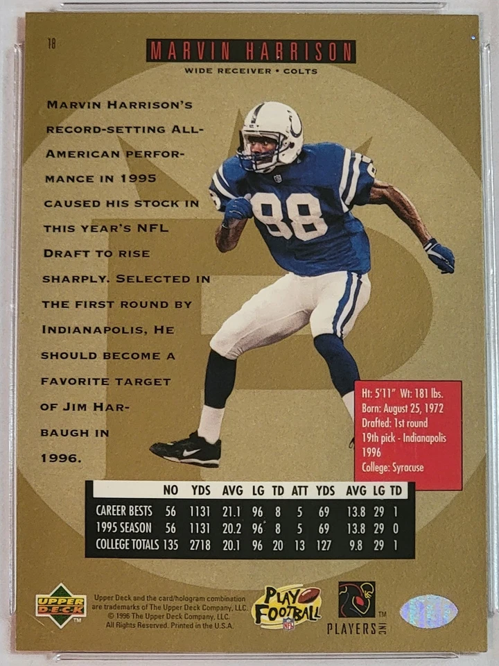 1996 SP #18 MARVIN HARRISON RC PSA 10 Gem Mint Indianapolis Colts Hall Of Fame - Image 4 of 4