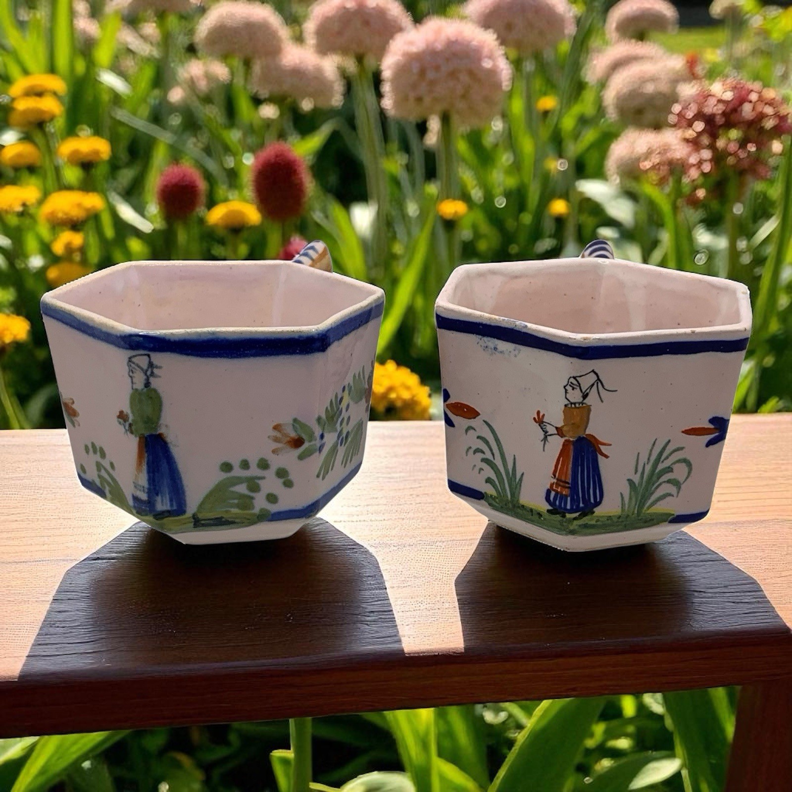 LOT 2 Henroit Quimper Octagonal Demitasse Cups Breton Man - Woman  (No Saucers)