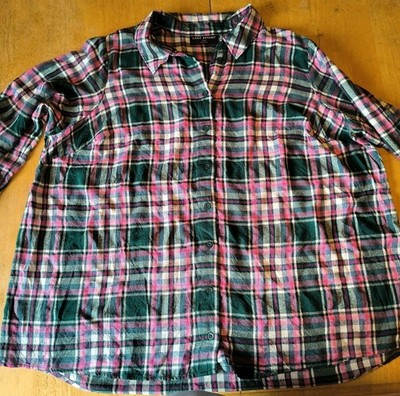 Lane Bryant Sz 18/20 Green & Pink Plaid Flannel  Shimmer Accents Roll Up Sleeve