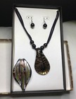 Fine Art Glass Pendants Handmade Metallic Design Black/Navy Cord + Earring Lot