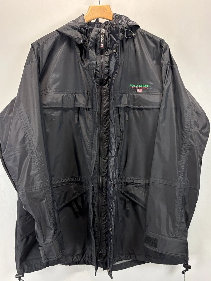 De Colección Para Hombre Ralph Lauren Polo Deportivo Nylon Chaqueta de Lluvia Mediana Negra Capucha LEER 90’s Foto 4 de 4