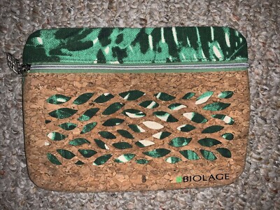 New Matrix Biolage Cork Zipper 8 X 6 Beige & Green leaf cosmetic bag