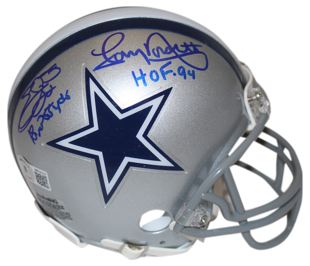 Smith Autographed Signed Dallas Cowboys Emmitt & Tony Dorsett VSR4 Mini Helmet BAS 37346 