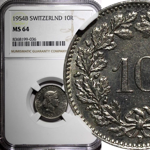 Switzerland Copper-Nickel 1954 B 10 Rappen NGC MS64 BETTER DATE KM# 27 (036)