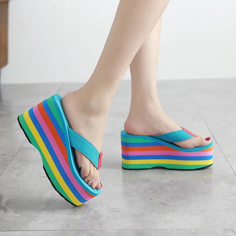 Rainbow Frosted Strap High Wedge Flip Flops for Women-image