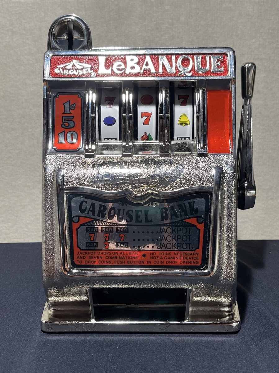 Vintage l bank メタルバンク 1986 Metal Carousel LeBANQUE 777 Slot Machine Coin Bank w/ Box