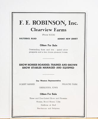 1936 FE Robinson Clearview Farms Show Horses Summit NJ Oskaloosa Iowa Print AD