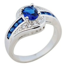 Sapphire - Lab Oval Ring; Zircon Gem Accents Rhodium 925 Sterling Silver Sz 6.5
