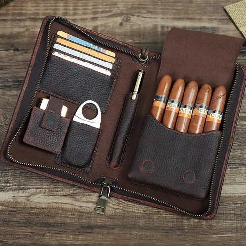 Genuine Leather Cigar Case Holder Travel Humidor Lighter Cutter Set Pocket Box - Picture 2 of 16