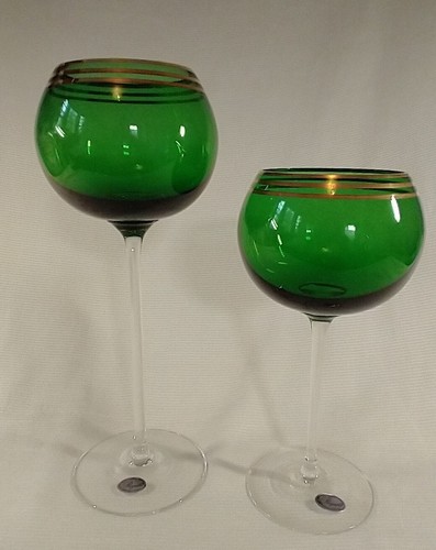 Set/2 Long Stemmed Rogaska Green w/Gold Crystal Balloon Candle Holders or Wines - Picture 3 of 8